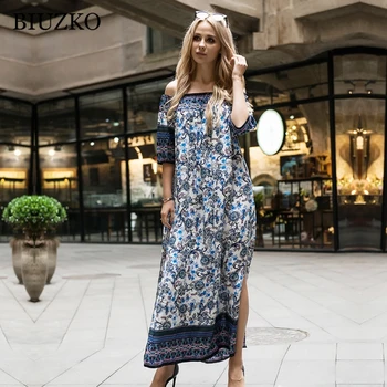 

Casual Print Off Shoulder Straight Women Dress Short Sleeve Slash Neck Maxi Summer Dresses Ankle-Length Beach Vestido