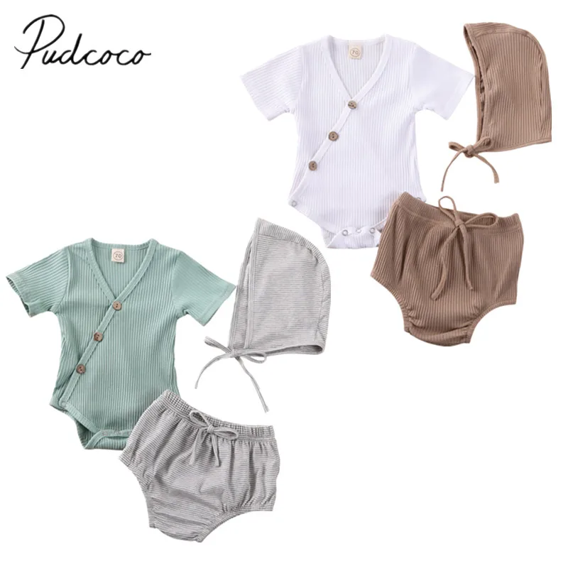 

2020 Baby Summer Clothing Infant Baby Cotton Romper 3Pcs Outfit Ribbed Sleeveless V Neck Romper Tops Striped Short Pants Cap Set