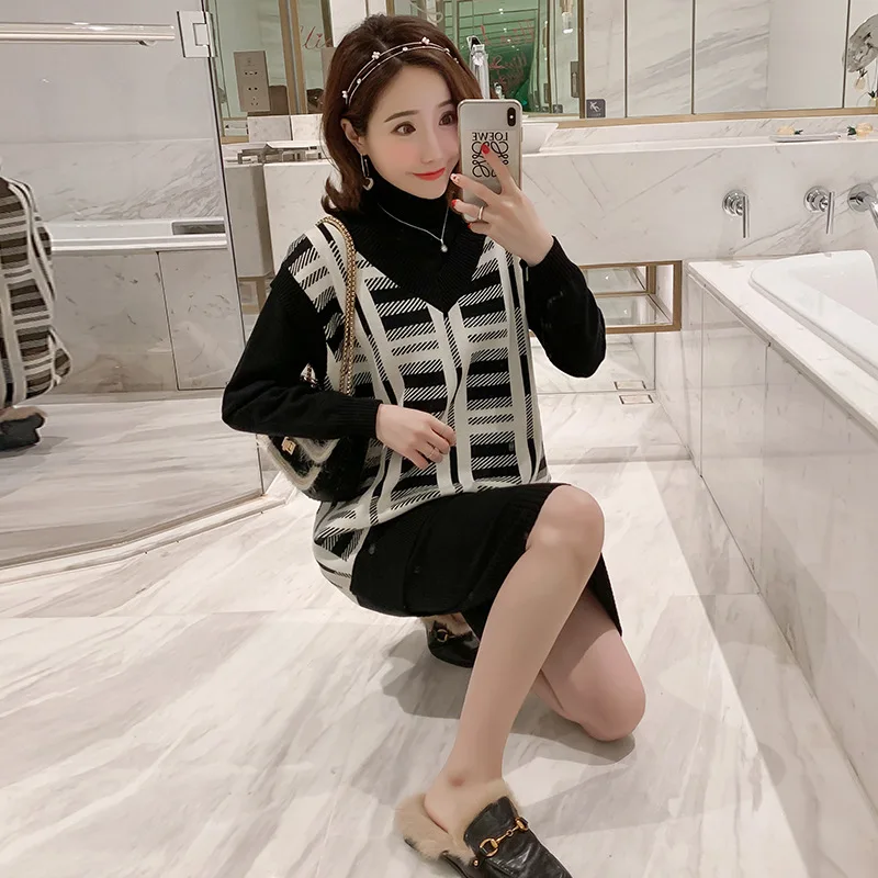 

Photo Shoot 2019 Autumn And Winter Maternity Clothes Retro Waistcoat Sweater + Knitted Skirts Two-Piece Knitted Large Size Dress