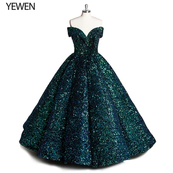 

Green Sequined Evening Gown Evening Dresses 2020 Off The Shoulder V-Neck Formal Evening Dresse long vestidos de fiesta YeWen