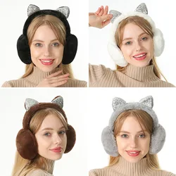 Winter Warm Cat Ear Fur Earmuffs with Rhinestone Cute Cartoon Ear Muffs Warmer Plush Earflap Headphones for Children Girl Ladies