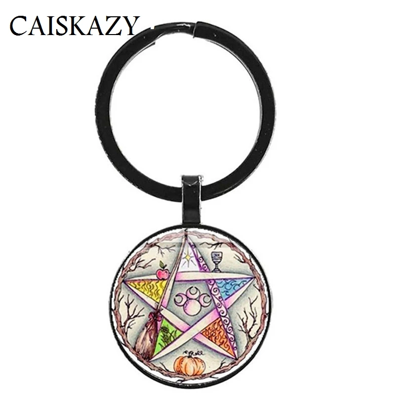 Esoteric Pentagram Wiccan Pendant Key Holder Tree of Life Wicca Star Vintage Photo Glass Dome Keychain
