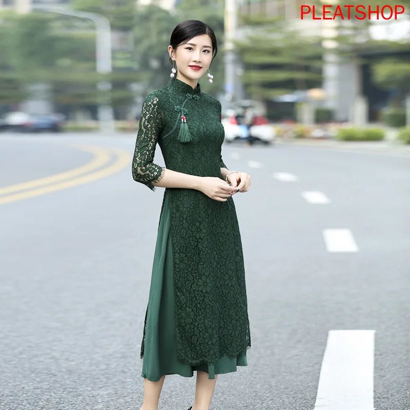 

Autumn And Winter New Style Retro Frog Improved Lace liu xu Long Cheongsam dress qipao dress women clothes vestido