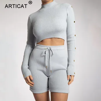 

Articat Ribbed Button Decorated Two Pieces Sets Women Autumn Long Sleeve O Neck Casual Ladies Tracksuit Drawstring Streetwear