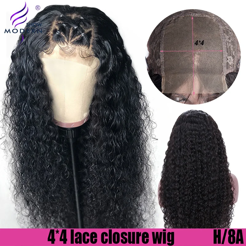 Modern Show 4*4 Lace Closure Wig Brazilian Curly Human Hair Wigs Pre Plucked with Baby Hair High Radio Remy Wig 150%Density