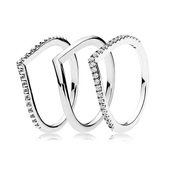 

Silver Wish Bone Ring Set With Crystal Stack Ring 925 Sterling Silver Ring For Women Wedding Party Gift Fine Jewelry