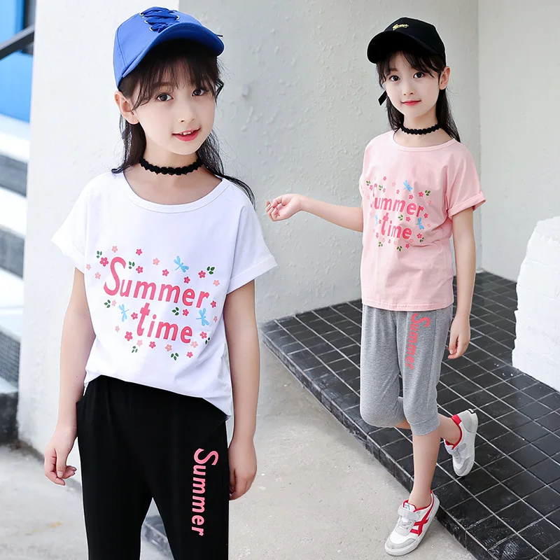 Girls Summer Letters Clothing Set Children T-Shirt+ Shorts Cotton Tracksuits Kids Casual 2Pcs Clothing Set 6-14T AA11771