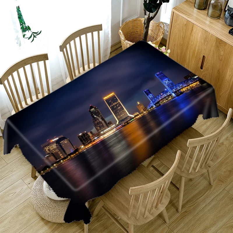 

3D Harbour City Nightscape Pattern Tablecloth Dustproof Thicken Cotton Rectangular/Round Table Cloth for Wedding Picnic Party