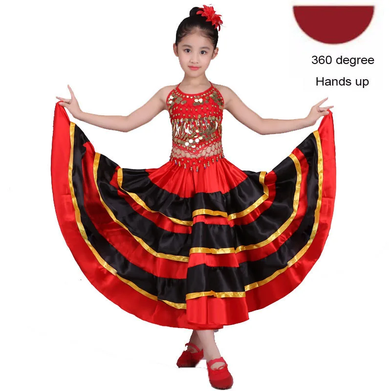 Высококачественная атласная, мягкая, красная, черная, испанское фламенко-юбка для девочек-подростков Полосатое блестящее платье для Бальных и сценических танцев - Цвет: Color1 360degree