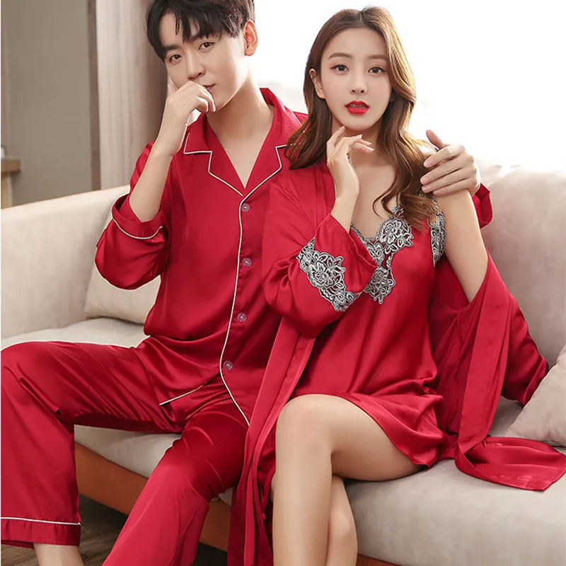 цена Men Pyjamas Suit Autumn Couple Pajamas Long Sleeve Pijama Male Plus Size Sleep Clothing Silk Nightie Sleepwear Lovers Wedding