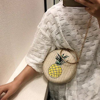 

Women Beach Round Pineapple Woven Bag Straw One Shoulder Portable Messenger Crossbody Bags Khaki