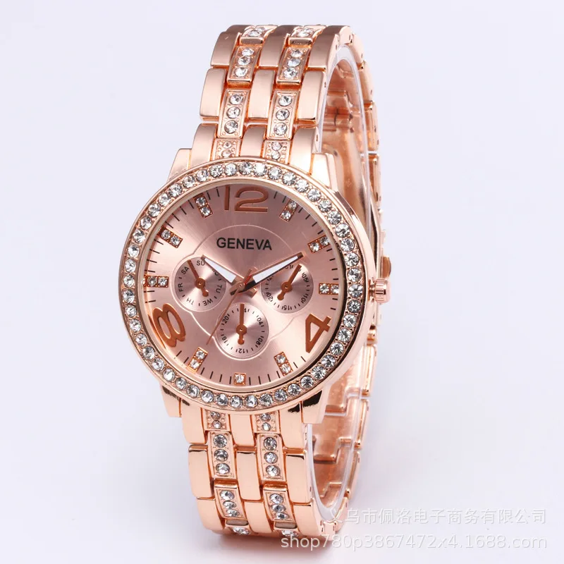 

Hot Selling Geneva Steel Belt Alloy Watch Fashion Diamond Set Three-Eyed WOMEN'S Watch
