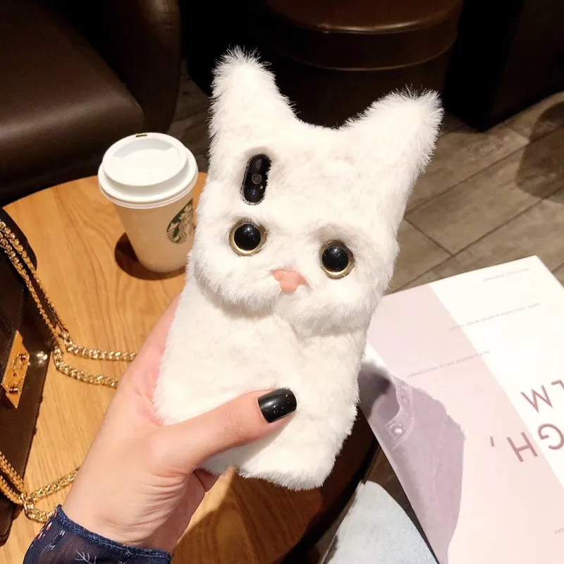 Tfshining Winter Plush Cute Cat Phone Case For Apple iphone X XS Max XR 8 7 6 6S Plus Soft Silicone TPU Full Hair Fur Case Coque (4)