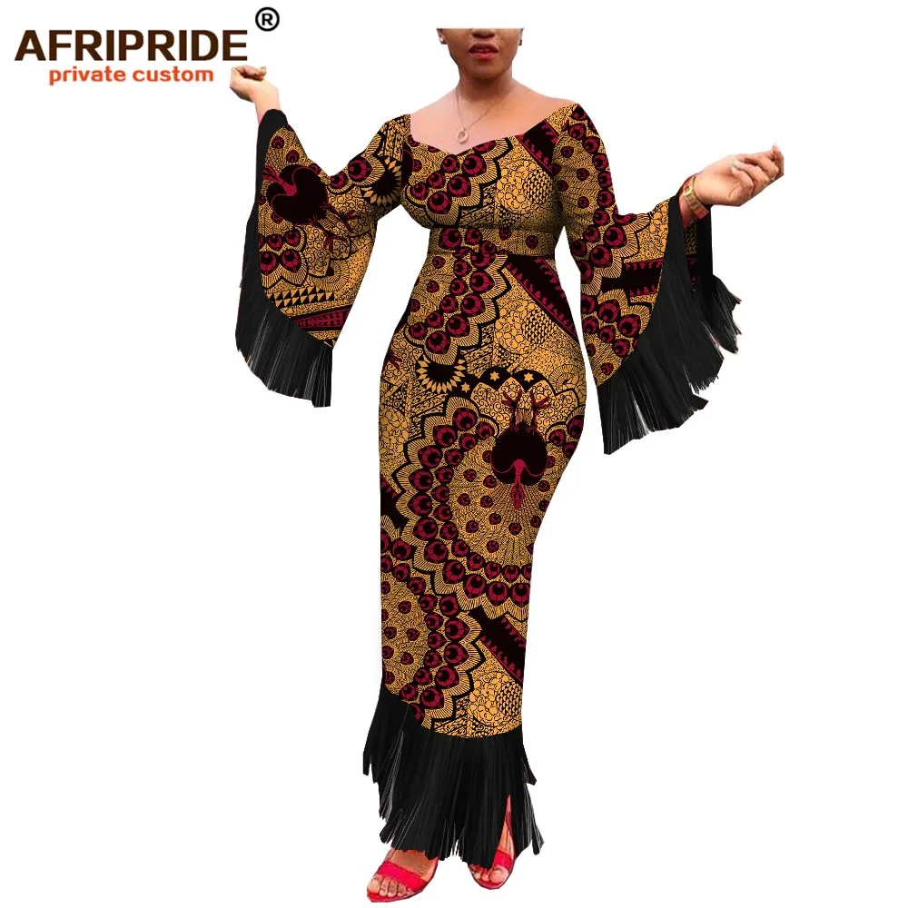 Африканские вечерние платья для женщин AFRIPRIDE индивидуальные полные расклешенные рукава с кисточкой длиной до щиколотки женское Хлопковое платье A1825085 - Цвет: 515J