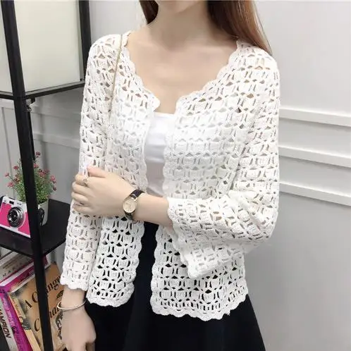 

2019 Autumn Summer Crochet White Lace Blouse Women Fashion Tops Sexy Hollow Out Knitted Cardigan Chemise Femme LJ592