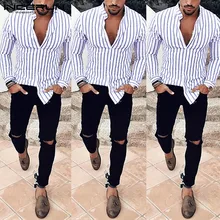 INCERUN Новая мужская полосатая рубашка с длинными рукавами и стоячим воротником, модная Осенняя Свободная Повседневная рубашка высокого качества