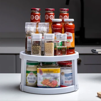 

Kitchen Turntable Spice Organizer 2-Tier Non-Skid Seasoning Rack Cabinet Storage Bin for Pantry Refrigerator Drinks Bathroom
