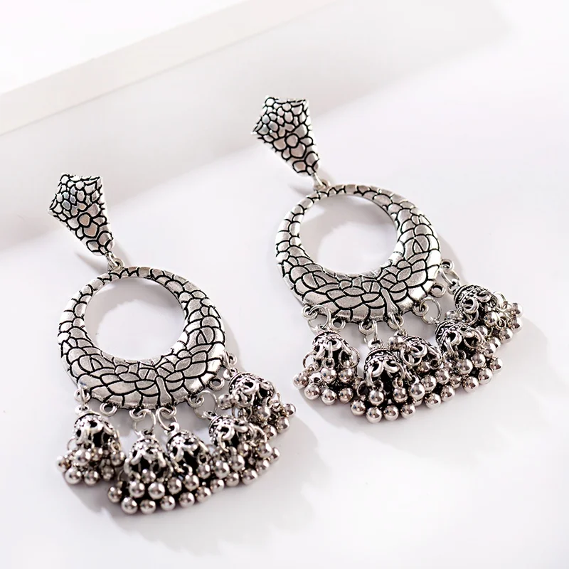 Women's Vintage Ethnic Gypsy Silver Flower Indian Earrings Boho Jewelry Ladies Retro Round Bell Tassel Jhumka Earrings