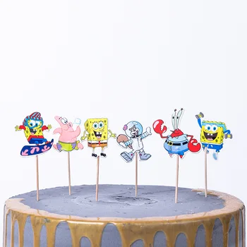 

24pcs Cartoon Spongebob Squarepants Cake Toppers Birthday Party Decoration Baby Shower Kids Favors Cupcake Topper Event Supplies