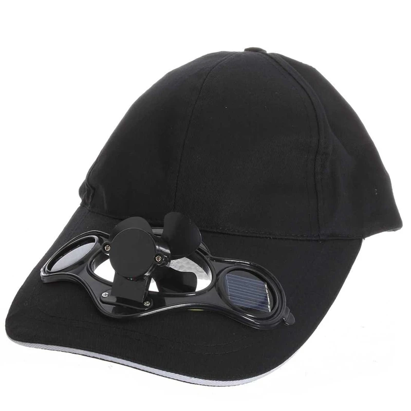 black Solar Powered Air Fan Cooled Baseball Hat Camping Traveling