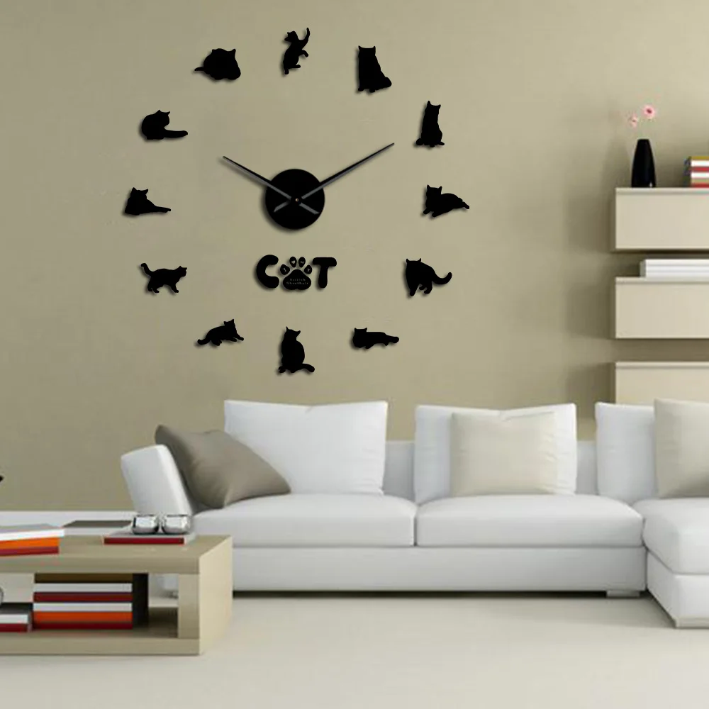 Британский короткошерстный стикер на стену с кошкой Декоративные DIY большие настенные часы серый Кот Бескаркасный Кот силуэт цифры Современные часы