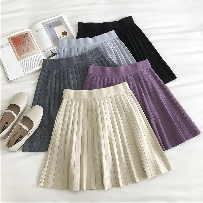

Autumn Knitted Pleated Mini Skirt Womens Winter Vintage Korean Cute High Waist Purple A Line Short School Girls Black Skirts