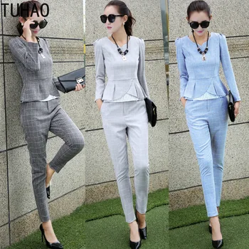 

TUHAO Spring Office Lady Two-piece Long-sleeved Shirt Top + Pants 2 Piece Suit Ladies 2020 Work Clothes Fashion Plaid OL WM46