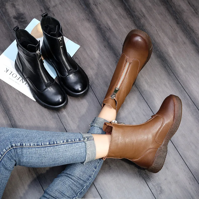 Krasovki Genuine High Quality Soft Genuine Leather Boots Zip For Women Autumn Winter Plush Fur Warm ladies Shoes Platform