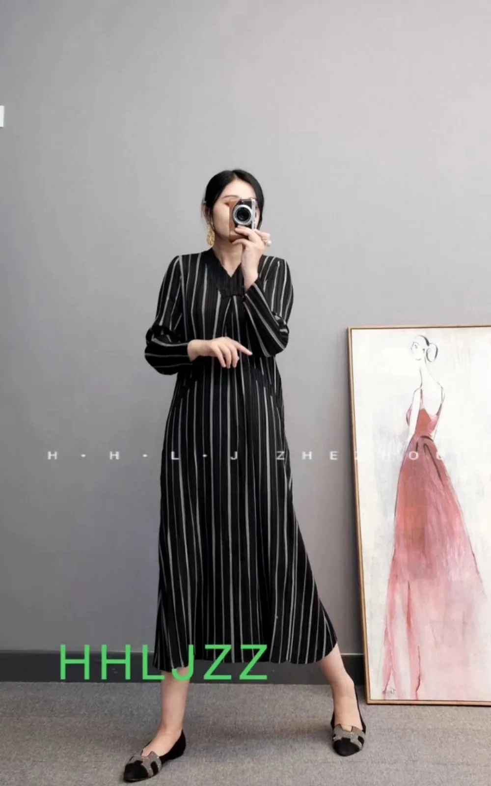 Горячая Распродажа Miyake модное Полосатое платье с длинным рукавом и v-образным вырезом длинное платье