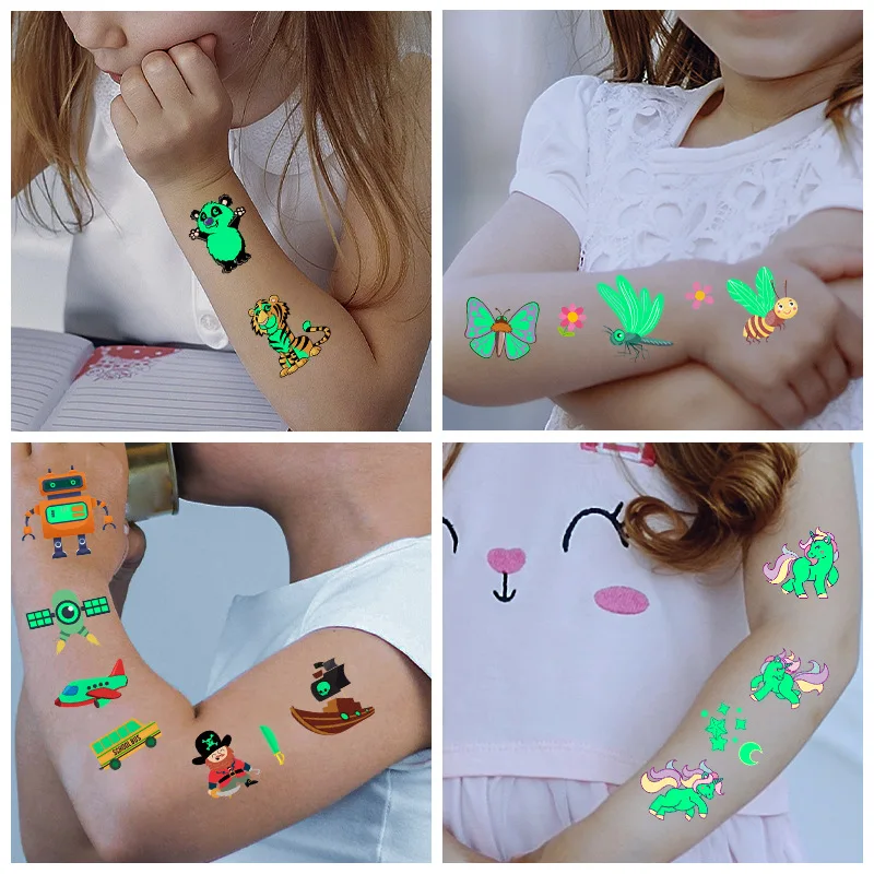 Pegatina de tatuaje luminosa para niños, tatuajes falsos temporales luminosos para cara, brazo, pierna, arte corporal, Animal