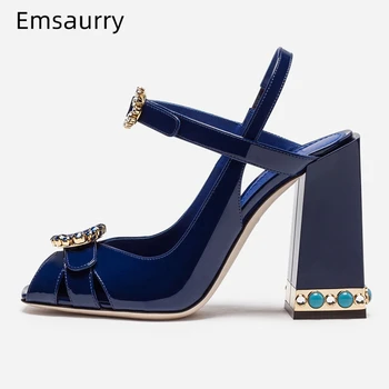 

Chic Summer Ankle Strappy Gladiator Sandals Women Jeweled Square Heel Sexy Peep Toe Patent Leather Crystal High Heel Shoes Woman