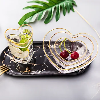 

New Creative Drawing Gold Crystal Glass Peach Heart Bowl Fruit Salad Bowl Bird's Nest Dessert Bowl Peach Heart Cup Set