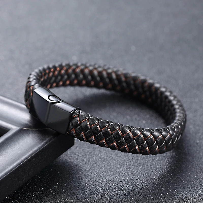 2019New Men Jewelry Punk Black Blue Braided Leather Bracelet for Men Fashion Bangles GiftsStainless Steel Magnetic Clasp - Окраска металла: Black Brown1