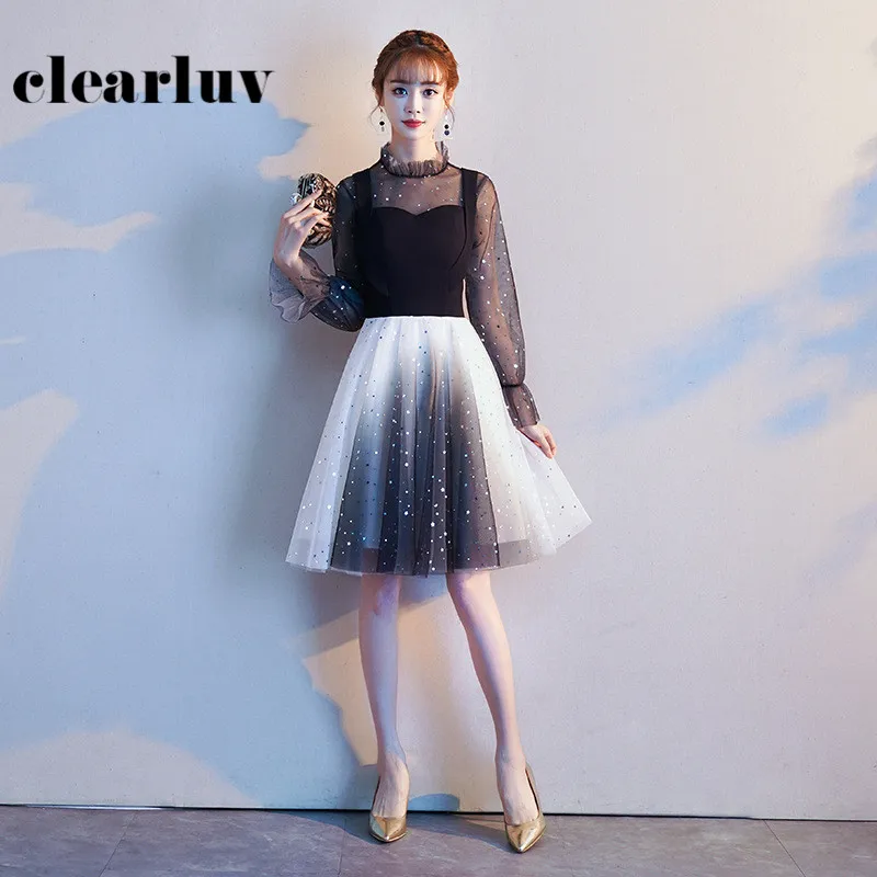 Black Gradient Party Gowns DR323 Illusion Long Sleeve Formal Prom Dresses Patchwork A-Line Vestido De Festa Sequin Elegant Dress | Свадьбы и