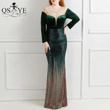 

Green Velvet Evening Dresses Mermaid Prom Gown Long Sleeves Party Elegant Fade Sequin Formal Dress Fit Scoop Women Emerald Gown