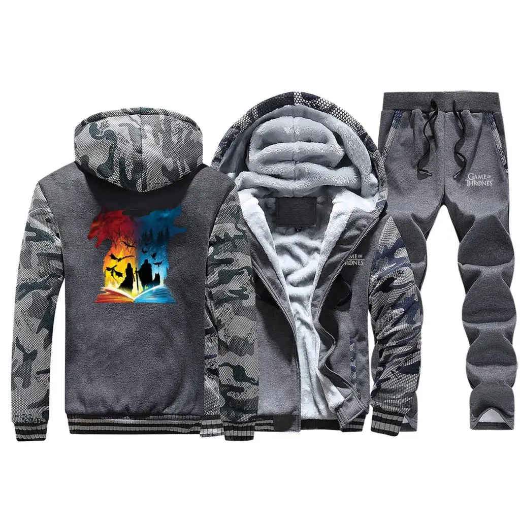 Book Of Fire And Ice Winter Hooded Mens Fashion Raglan Streetwear Camoouflage Suit Zipper Coat Thick Hoodie+Pants 2 Piece Set - Цвет: Dark Gray