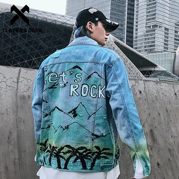 

11 BYBB'S DARK Color Clock Citied Graffiti Mens Denim Coats Harajuku Hip Hop Jackets Casual Male Outwear Long Sleeve Streetwear