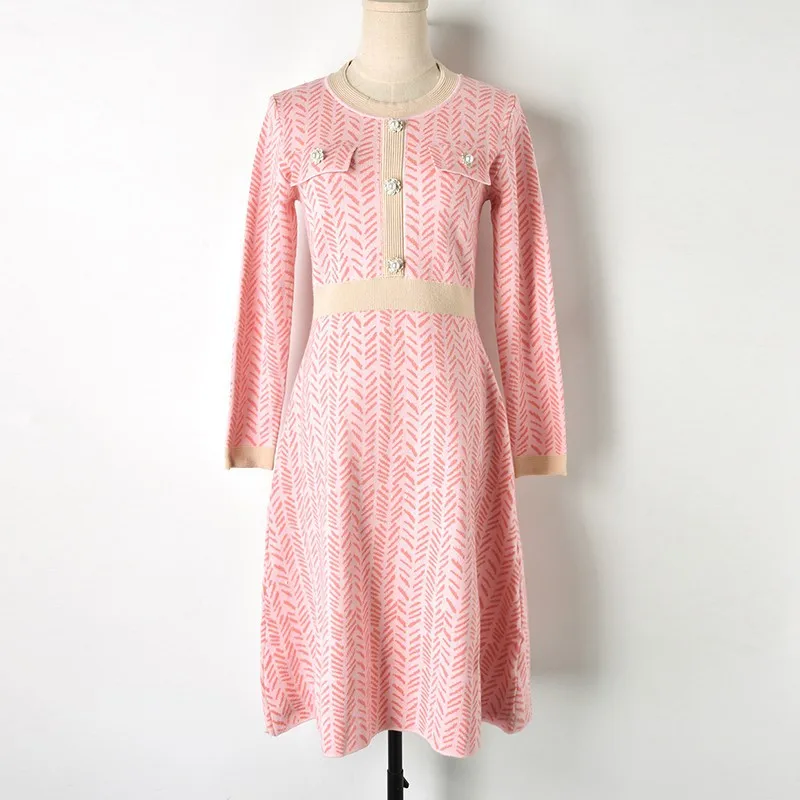 Женский свитер, платья для зимы, элегантное, с пряжкой, диагональная, в полоску, с круглым вырезом, ампир, миди, вязанное платье, а-силуэт, с длинным рукавом, C-361 - Цвет: Розовый