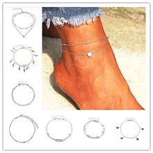 Модные женские ножные браслеты, простые, с сердцем, босиком, Вязаные сандалии, ювелирные изделия, двухслойные ножные браслеты