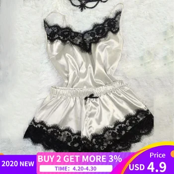 

S-3XL Plus size Women's Sleepwear Sexy Satin silk Pajama Set Lace V-Neck Pyjamas Sleeveless Cami Top 2020 Short pijama mujer