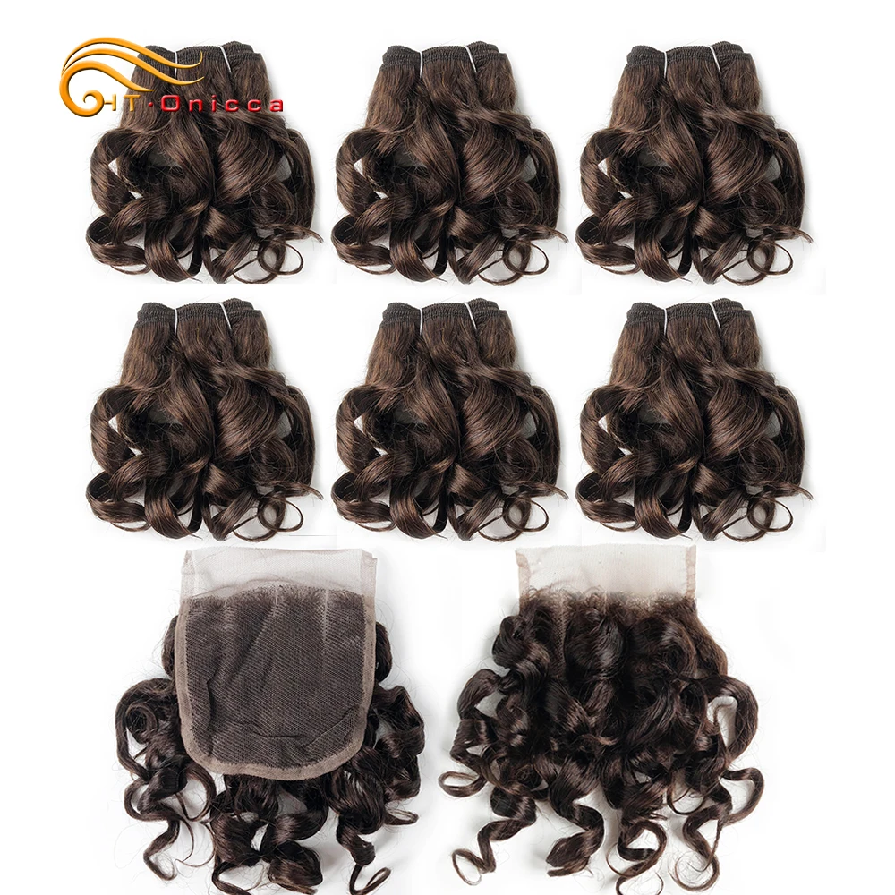 7 Pcs/Lot Curly Hair Extensions 8 Inch Ombre Human Hair Bundles with Closure Short Hair For Black Women Curly Bundles Remy Hair