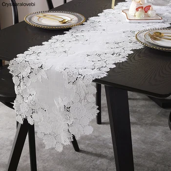 

Creative Luxury Wedding Party Decorative Embroidered Lace White Polyester Linen Table Runner Bed Flag TV Stand Cabinet Cover