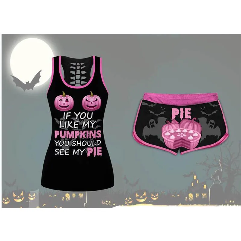 

MOZOEYU European American Sexy Vest 3D Halloween Pumpkin And Letter Printing Ladies Vest Suit Fashion Sleeveless Tops Mujer