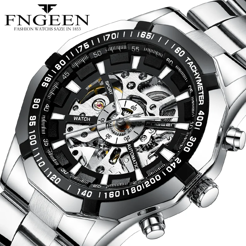 

FNGEEN 2020 Fashion Brand Men Automatic Mechanical Watch Skeleton Tourbillon Business Running Stop Watch Wristwatch Masculino
