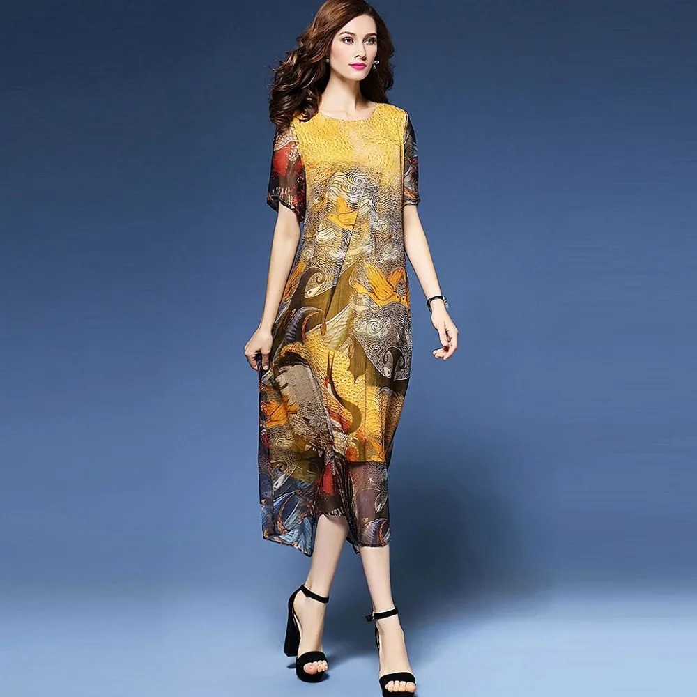 Lguc.H Luxury Summer Dress 2020 Elegant Chiffon Silk Unique Fashion Long Loose Women Clothes Yellow Clothing 3XL New | Женская одежда