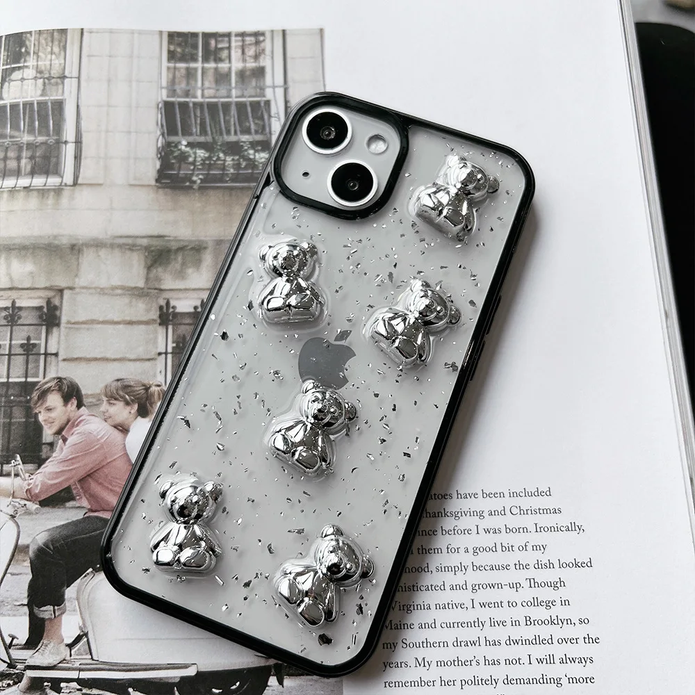 Retro kawaii silver foil bear transparent Phone Case For iPhone 13 11 12 Pro Max Xs Max XR 7 8 Plus X 7Plus case Cute Soft Cover