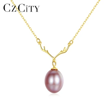 

CZCITY Antlers White/ Pink/ Purple Natural Pearl 925 Sterling Silver Pendant Necklaces Jewelry Women Gift Fine Jewelry FN0298