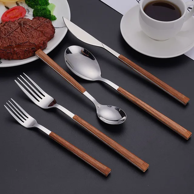 304 Stainless Steel Tableware with Wooden Handle Spoon Steak Knife Fork Teaspoons for Home Kitchen Dinnerware Cutlery Utensils 2