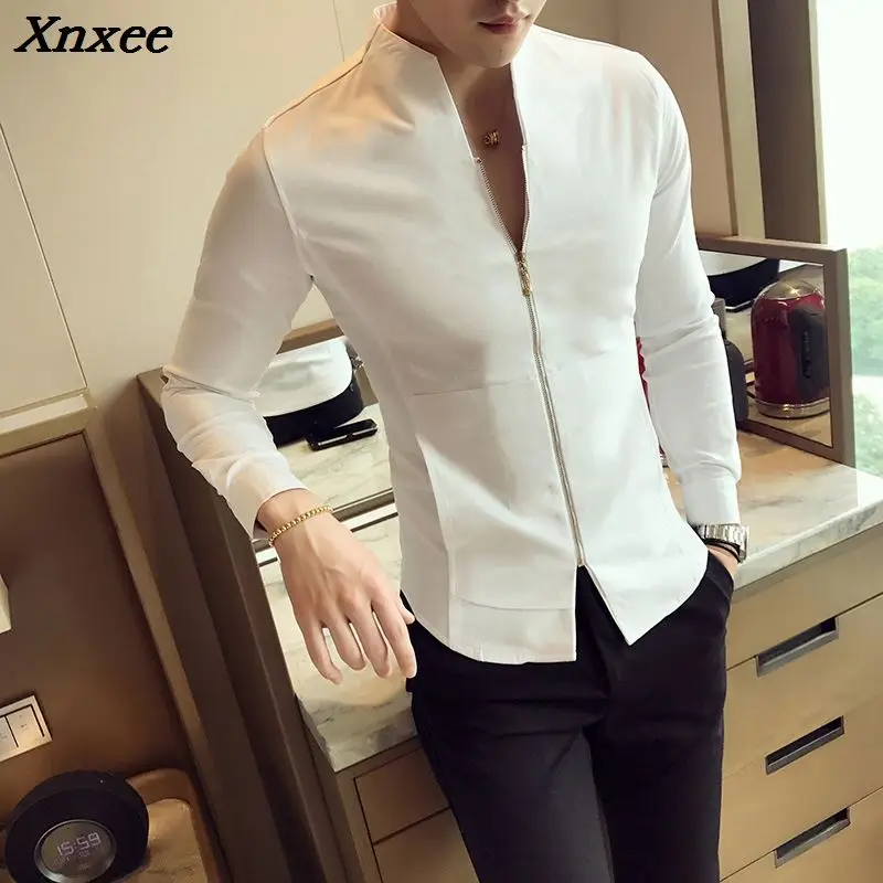 

Mandarin Collar Shirts Red Sexy Club Outfit Mens Blusas Masculinas Camisa Social Slim Fit Stand Collar Mens Zipper Shirts