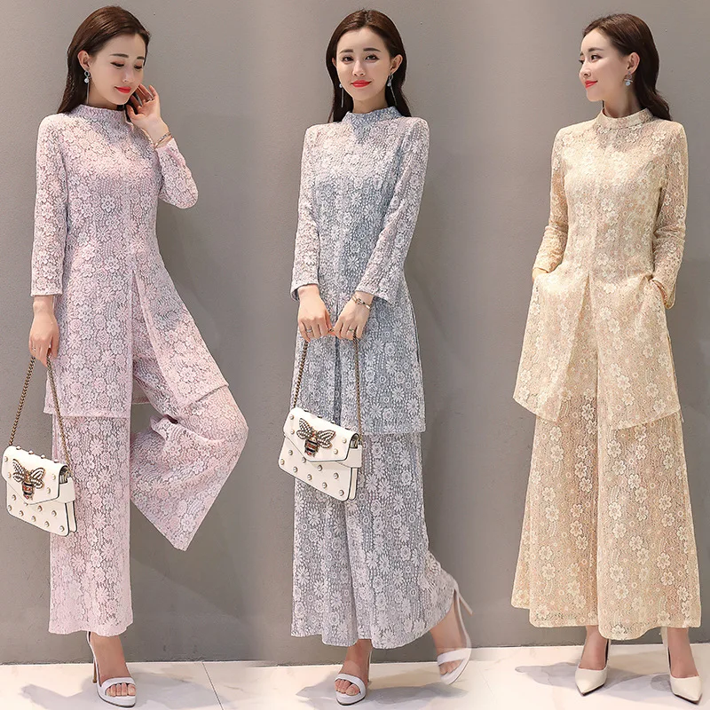 

Lace Loose Pants Set Summer 2019 Spring New Style Korean-style Slim Fit Trendy Two-Piece Set High-waisted Elegant Graceful